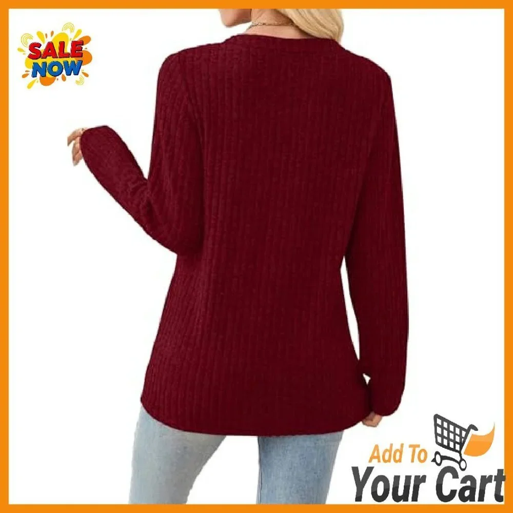 Lightweight V-Neck Button Sweater, Long Sleeve Tunic Top, Fall Casual